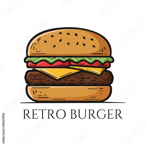 Delicious retro style cheeseburger with sesame bun melted cheese lettuce tomato juicy patty and Retro Burger text vintage fast food emblem vector graphic