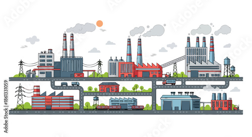 Industrial landscape with factories, smoking chimneys, roads, vehicles, trains on railways, power lines, illustrating urban growth.