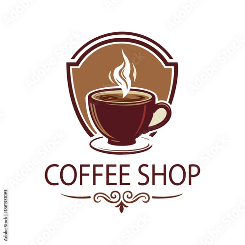 Elegant coffee cup with hot steam in shield badge frame and Coffee Shop text premium emblem for cafe brand menu logo hot beverage symbol vector graphic