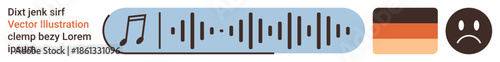 Sound design, emotional response, audio feedback, music technology, media interfaces, creative layouts. A soundwave with a music note and a sad face emotion. Sound design and emotional response