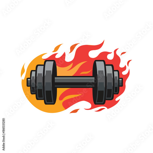 Powerful black dumbbell with fiery flames background intense workout emblem for gym fitness brand logo strength training motivation symbol vector graphic