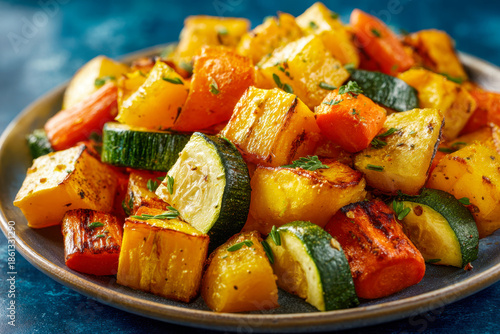 Delicious roasted mixed vegetables including carrots, zucchini, and golden potatoes seasoned with herbs on a rustic plate for a healthy meal option