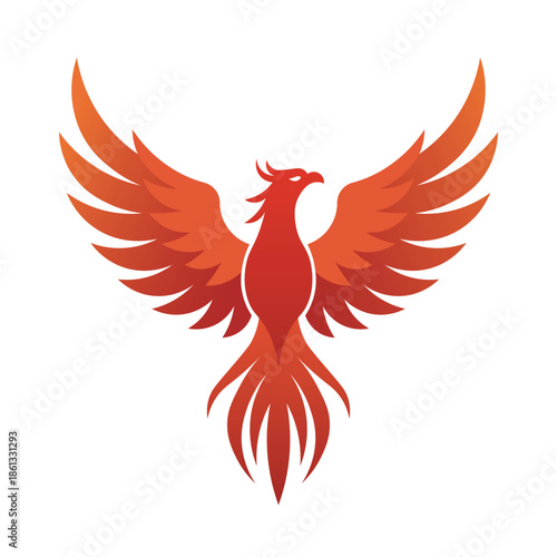Majestic fiery phoenix bird with spread wings flame feathers rising pose powerful emblem for esports gaming team logo rebirth symbol motivation vector graphic