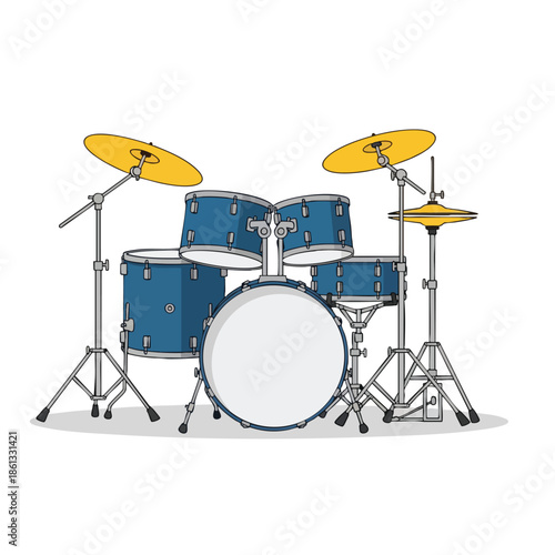 Cartoon illustration of a blue drum set with yellow cymbals on a white background