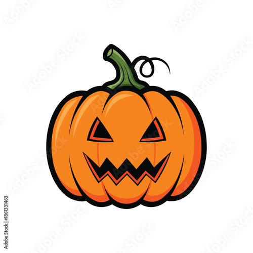 Scary Halloween pumpkin jack-o-lantern with glowing triangle eyes jagged mouth and green stem spooky face emblem for holiday party decoration vector graphic