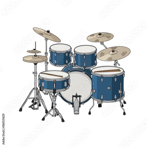 A full drum kit illustration with blue drums and tan cymbals