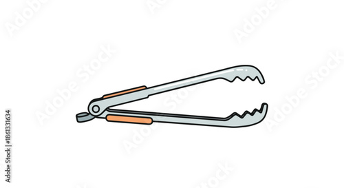 A modern graphic illustration of shiny metal kitchen tongs featuring practical orange non-slip grips, a versatile tool essential for cooking,