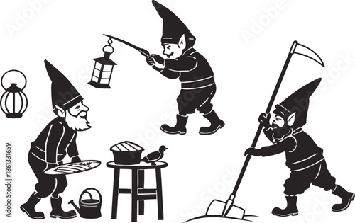 A fun comic drawing and vector illustration of a cartoon witch on a broom and a wizard with a magic wand enjoying a holiday sport like ski golf with a dog