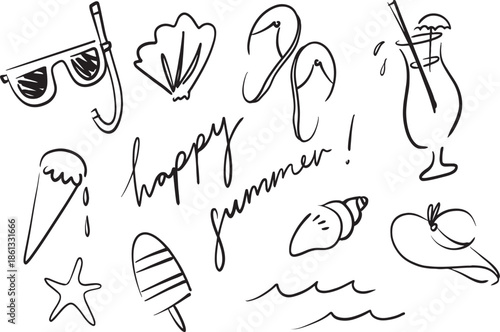Happy summer clipart. beach, seaside line art. Kids colouring page. Sunglasses, ice-lollies, shells. 