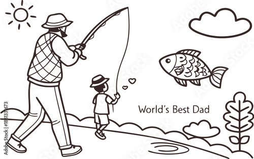 Funny cartoon illustration of a happy boy fisherman character with a fishing rod catching a fish on the lake for sport