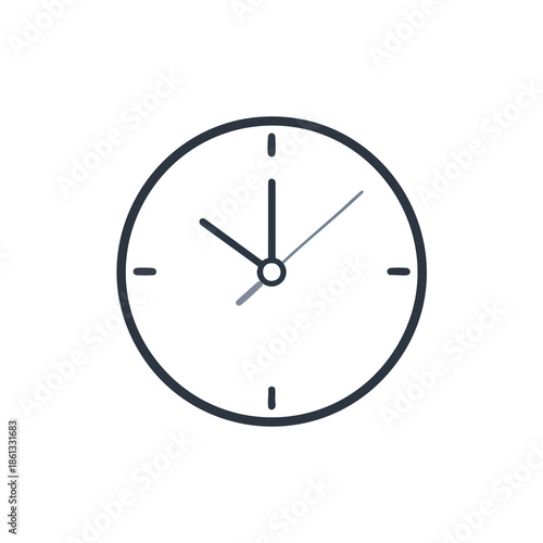 A minimalist circular clock icon with hour/minute hands and markers on a white background