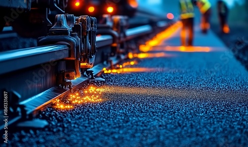 Railroad track maintenance work at night with bright sparks and glowing hot metal debris