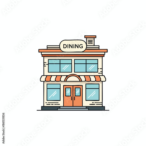 Two-story building with "DINING" sign and awning. Simple, flat design