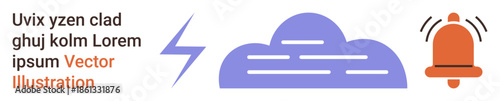Weather alerts, communication, emergency response, notifications, storm warnings, weather services. Purple cloud with lightning bolt and orange alarm bell. Weather alerts and communication concept