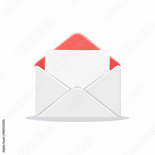 Open envelope with paper, vector illustration of receiving mail, letter, postal correspondence for business and social networks