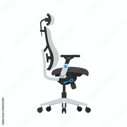 Ergonomic office chair, side view, with adjustable headrest, armrests, and base