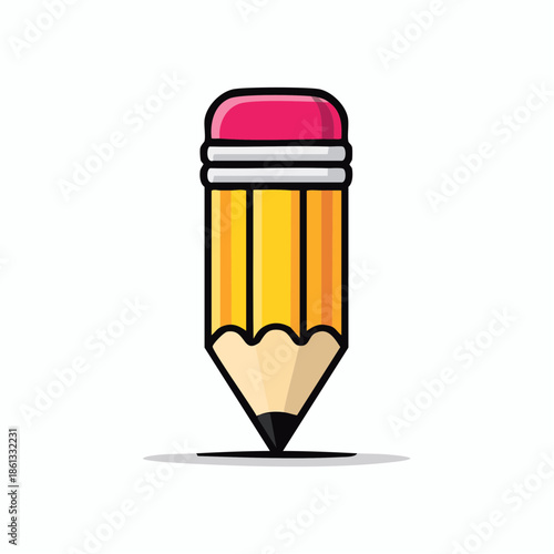 Stylized Yellow Pencil with Pink Eraser, Short Graphite Lead, and a Line Drawing a Stroke on White
