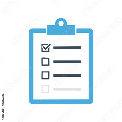 A blue clipboard with a checklist, one item checked