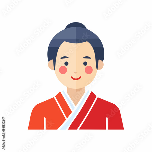 Chinese or Japanese man in traditional clothing, a flat design, showcasing cultural representation and simplistic elegance