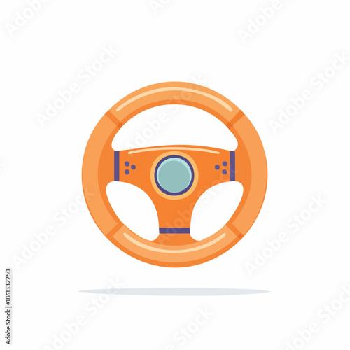 Orange circular steering wheel illustration featuring console game controller details for driving simulation game.