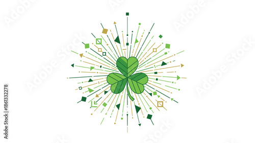 Lucky four leaf clover with dynamic green and gold geometric burst, Generative AI.