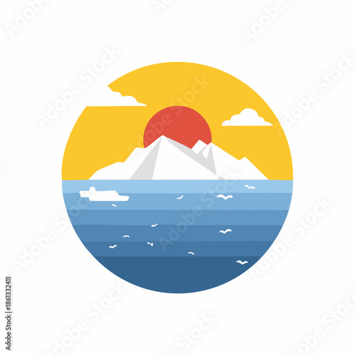 Mountain Sea Sunset Scenery with Birds in Circle Illustration