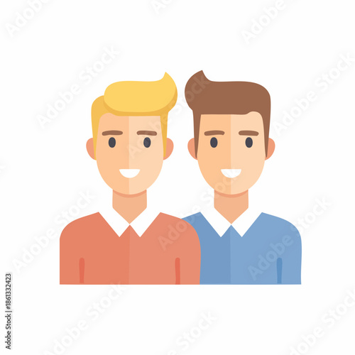 Two young men icon: blond and brunette avatar team illustration for teamwork or partnership