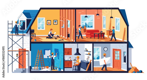 Home renovation project showing interior and exterior construction and remodeling stages performed by skilled workers to transform a modern residence.