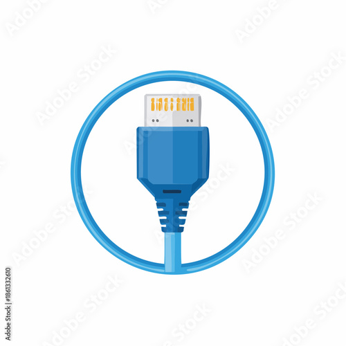 Blue USB-C Cable Connector Icon in Circle: Data Transfer, Connection, and Technology