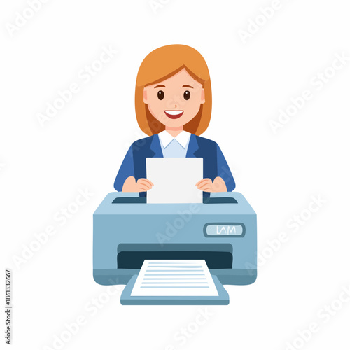 Woman Using a Printer with a Document, Printing Process, Office Equipment, Vector Illustration