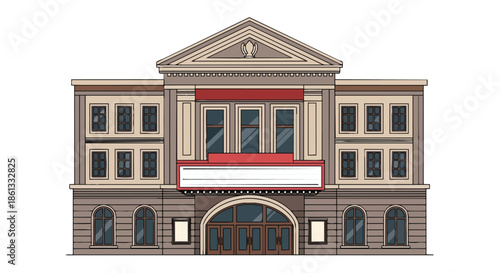 Classic theatrical venue illustration with detailed architecture and prominent marquee