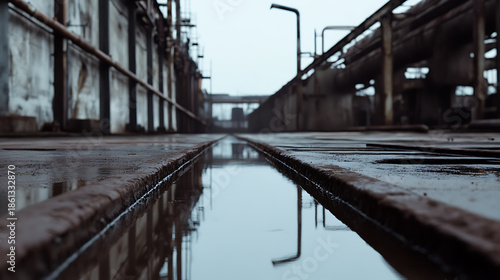 Industrial reflections at a factory rooftop. Water mirrors aged infrastructure under an overcast sky. Evokes decay and abandonment. Great for backgrounds.