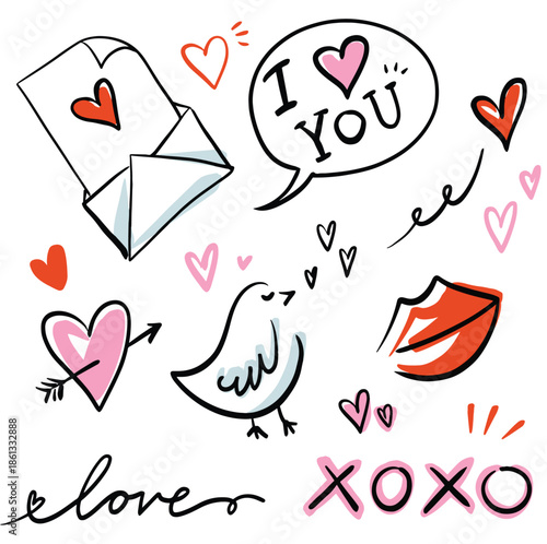 Valentines doodles, hand drawn love icons. Galantine's themed clipart.