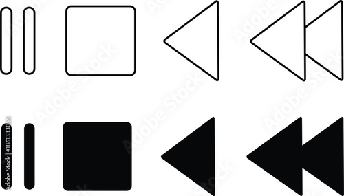 Media control play pause and rewind icons set