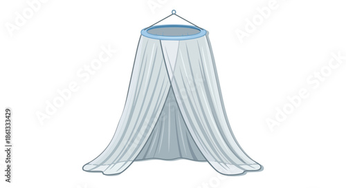 A flowing translucent white fabric canopy, suspended from a pristine light blue ring, creates an elegant and serene personal sanctuary within the