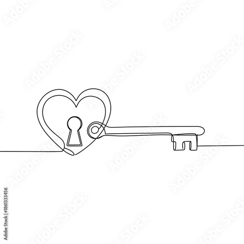 Heart-Shaped Keyhole and Key Illustration - Continuous Line Drawing Symbolizing Love, Access, Unlocking Emotions