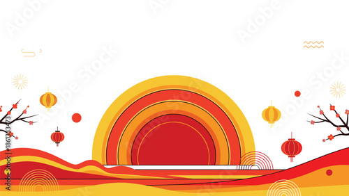 Vibrant Chinese New Year background with red and gold lanterns and sunny arches, Generative AI.