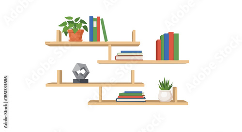 Modern minimalist shelving unit displaying colorful books, vibrant potted plants, and an abstract decorative sculpture for contemporary interior