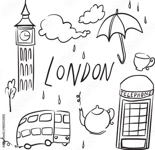 London inspired doodles. Big Ben, red bus, umbrella, teacup clipart. Hand drawn english illustrations. 