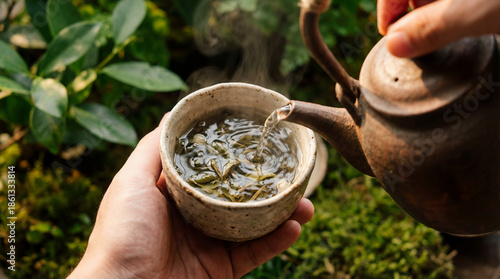 Ceremonial Tea Ritual: A close-up shot captures the elegance of a tea ceremony. The hands gently pour hot tea from a ceramic teapot into a delicate cup, amidst verdant greenery. Emphasizing the calm.