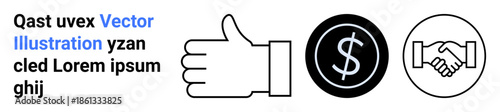 Business strategies, financial growth, collaboration, partnerships, trust, and success. A thumbs-up, dollar sign and handshake symbols. s financial growth and collaboration