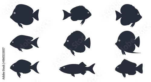 Diverse collection of aquatic creature silhouettes showcasing various unique fish species in a minimalist graphic style perfect for ocean-themed