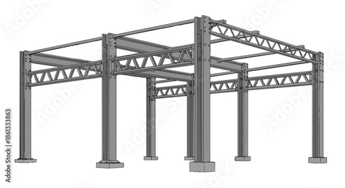 Detailed three dimensional digital render of robust steel skeletal framework for modern industrial construction design