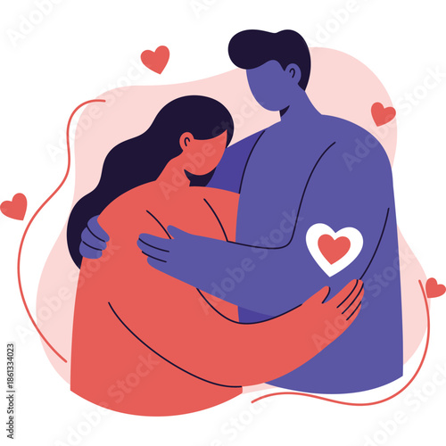 Romantic Couple Hugging with Love and Affection, Surrounded by Floating Hearts - Heartwarming Illustration