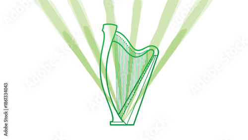 Vibrant green harp with radiant light beams symbolizing music and artistry, Generative AI.