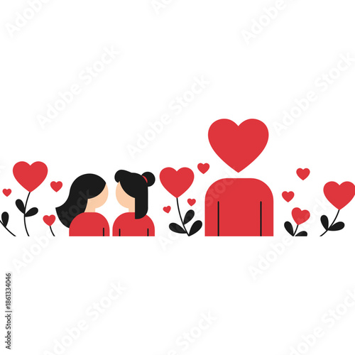 Romantic Couple in Love Illustration Surrounded by Heart-Shaped Flowers and Hearts Symbolizing Love and Affection