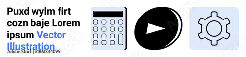 Calculator, play button, and gear icon representing calculation, multimedia, and customization. Ideal for technology, productivity, media, education creativity automation simple landing page