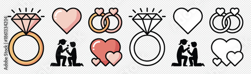 Engagement and proposal icons showing rings hearts and couple kneeling illustration