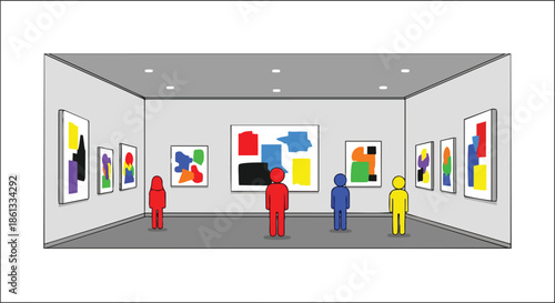 Vibrant abstract artworks displayed within a modern art gallery setting observed by colorful figures