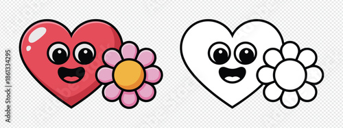 Happy heart character with flower color and outline style design for valentine's day